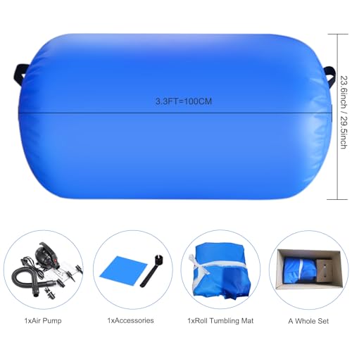 Inflatable Air Roller Mat with Pump for Gymnastics Training - color: blue+pump, size: length 100cm,diameter 75cm