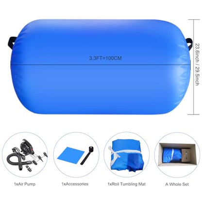 Inflatable Air Roller Mat with Pump for Gymnastics Training - color: blue+pump, size: length 100cm,diameter 75cm
