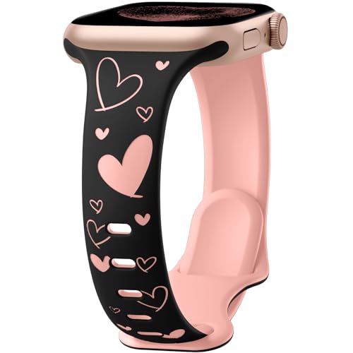 Lerobo Slim Thin Two-Tone Compatible with Apple Watch Band 40mm 38mm 41mm 42mm 44mm 45mm 46mm 49mm for Women- Soft Cute Flower/Heart Engraved Sport Band for iWatch Series 11 10 9 8 7 6 5 4 3 SE Ultra - color: B Black/Pink, size: 38mm/40mm/41mm/(42mm-serie