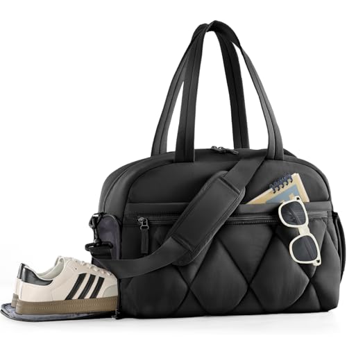 Women's Duffle Gym Bag, Carry-On Shoe Compartment for Weekender Overnight - color: Black, size: Medium