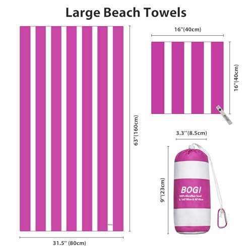 BOGI Microfiber Beach Towel Set for Travel Bath Beach Swim Gym Yoga（L 63''x31.5''） - color: Hpink Stripe, size: L:63"x31.5" with 16"x16"