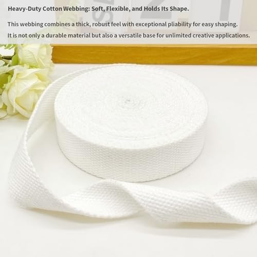 Heavy‑Duty Cotton Webbing Strap 1''x6yds White for Bags | 2mm thick webbing for dog collars, backpack, bag handles, apron straps, slings, sewing repairs & DIY craft projects. - color: White