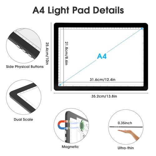 Rechargeable A4 Light Pad with Carry Bag, Super Bright Tracing Light Box with 6 Levels of Brightness, Side Physical Buttons & 3 Colors, Wireless Light Board for Diamond Painting, Drawing, Sketching - style: Rechargeable A4 with Bag (Black)