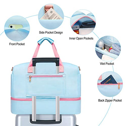 Sports Gym Bag for Women, Travel Duffle Bag with Shoe Compartment & Wet Pocket, Fitness Yoga Bag - color: Blue-93