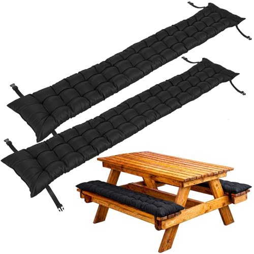 BreezeHug 2 Pcs Picnic Bench Cushion 6' Waterproof Outdoor Picnic Table Seat Cushion with Durable Straps and Buckles, 72" (6ft) x 10" x 3" Tufted Fade Resistant, Folding & Easy to Carry(Black) - color: Black, size: 72 x 10 x 3 inches