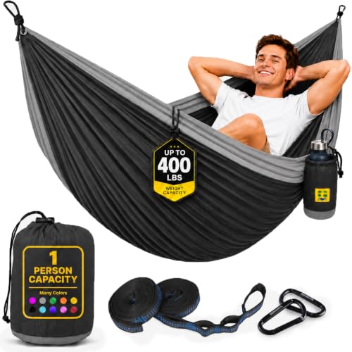Durable Hammock 400 lb Capacity, Nylon Camping Hammock Chair - Double or Single Sizes w/Tree Straps and Attached Carry Bag - for Travel/Backpacking/Beach/Backyard (Medium, Black & Light Grey) - color: Black & Light Grey, size: Medium