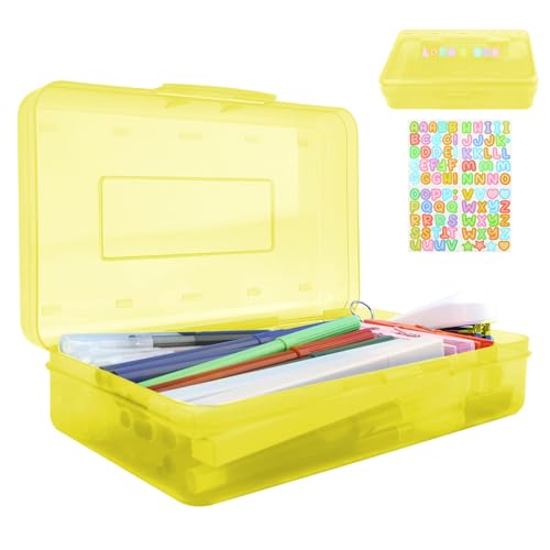 Yellow Pencil Case Box Plastic Aesthetic Hard Pencil Case with Stickers Stackable Storage Box for Girls Boys Big Capacity 1 Pack for Pens School Stylish Office Supplies Storage Organizer Boxs Medium - color: Clear Yellow
