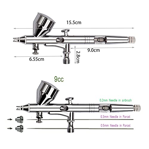 Pinkiou Airbrush Kit with Different Nozzle and Needles Muti-Purpose Dual Action Airbrush Sets with Air Brush 0.2 0.3 &0.5mm Needles and Air Hose for Hobby Model Painting Tattoo Cake Nail Art - color: silver