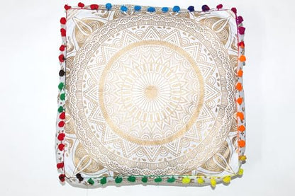 INDIAN CRAFT CASTLE ICC Mandala Barmeri Large Floor Pillow Cover Cushion Meditation Seating Ottoman Throw Cover Hippie Decorative Zipped Bohemian Pouf Ottoman Cases White Gold Matellic 16" Square