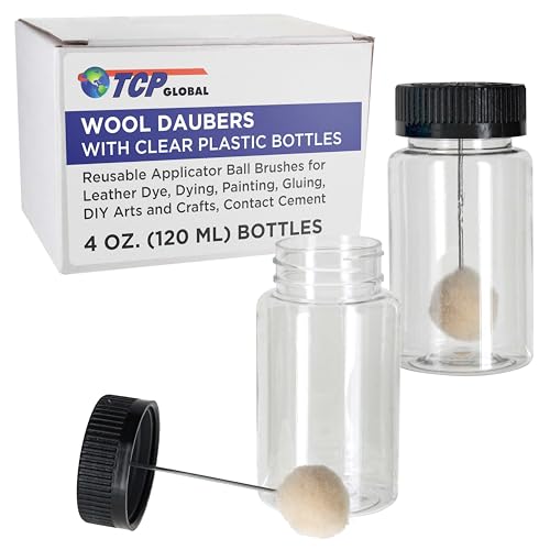 TCP Global 12-Pack Wool Daubers with Clear Plastic Bottles, 4 oz. (120 ml) - Safety Lids, Applicator Ball Brushes for Leather Dye, Dyeing, Painting, Gluing, DIY Arts and Crafts, Contact Cement