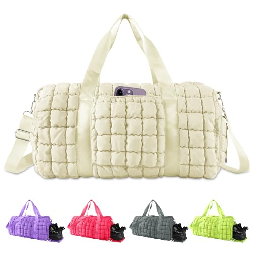 Quilted Travel Duffle Bag Gym Bag for Women,Large Puffer Duffle Weekender Bag with Compartment,Workout Overnight Carry on Organizer Bag Duffle Bag for Airplane Travel(Off-white) - color: Off-white, size: Medium