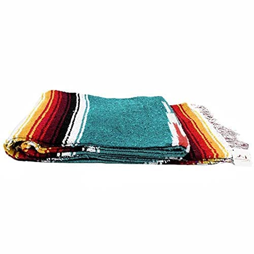 Open Road Goods Mexican Diamond Blanket - XL Heavyweight Yoga Blanket – Handmade in Mexico - Thick Boho Serape Saltillo Style Throw for Beach, Picnic, Home, Camping and More! (Teal Sunset) - color: Teal Sunset