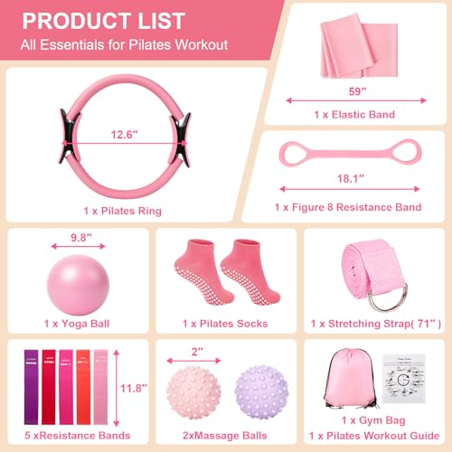 Pilates Ring and Ball Set for Women, Home Workout Pilates Kit, Magic Circle Hoop with 5 Resistance Bands, Pilates Equipment Fitness Essentials Starter Set Accessories - color: Pink