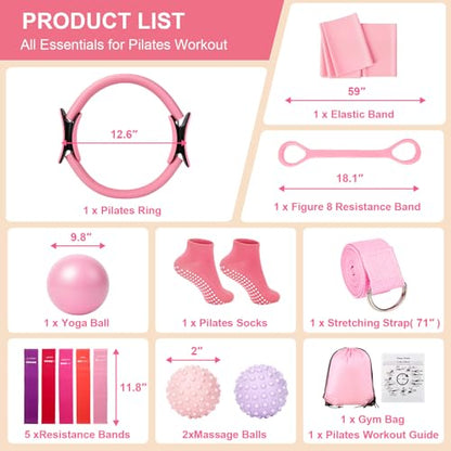 Pilates Ring and Ball Set for Women, Home Workout Pilates Kit, Magic Circle Hoop with 5 Resistance Bands, Pilates Equipment Fitness Essentials Starter Set Accessories - color: Pink