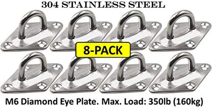 Heavy Duty Hammock Kits & Ceiling Hook Diamond Pad Eye Plates, 304 Stainless Steel & Black Zinc Galvanized Steel Corrosion Resistant, 2, 4 & 8 Packs - color: 8-Pack-Silver-M6