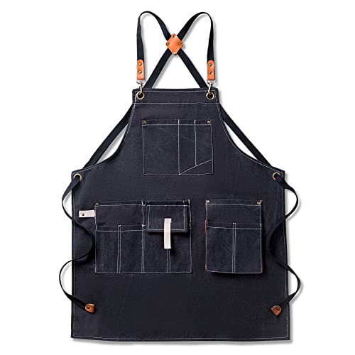 Aoomzoon Canvas Aprons for Men Chef Apron, Work Apron with Large Pockets - 16oz Heavy Duty Cross Back, BBQ, Cooking - color: Black