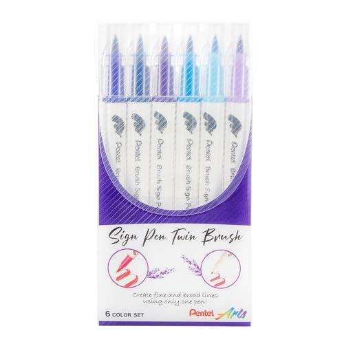 Pentel Arts Sign Pen Twin Brush, Pack of 6 Pens, Blue Hues (SESW30CPC6-2)