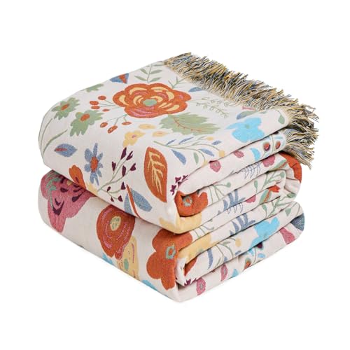 MSGKV Boho Throw Blanket 50"x60" Summer Cotton Floral Blanket for Couch | Muslin Throw, Floral Pattern, Reversible Woven, Lightweight Comfort, Farmhouse Decor, All Seasons, Machine Washable - color: Various Flowers, size: 50"x60"