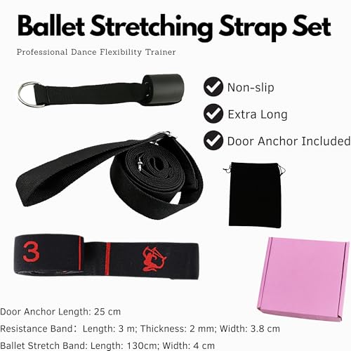 Danzcue Ballet Stretch Strap Set – Professional Dance Flexibility Trainer with Door Anchor, Extra Long Non-Slip Stretching Bands for Ballet, Jazz, Contemporary & Gymnastics - color: Black+Black Red