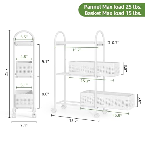 KINGRACK 3 Tier Slim Rolling Cart with Drawer, Metal Utility Storage Cart | 2 Pull-out Baskets, Lockable Wheels, Narrow Space Trolley Organizer for Bathroom, Kitchen, Office, Dorm, Laundry Room, White - color: White, size: 3 Tier-2BKT