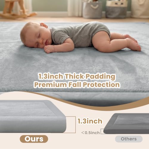 ACOMOPACK Baby Play Mat for Floor,1.3" Thick Elasti-Foam 59"×71" Non-Slip Water Repellent,Non-Toxic Playpen Mat for Infants Toddlers Kids, Ultra Soft Coral Velvet for Tummy Time Crawling（Light Grey） - color: Light Grey, size: 59"×71"