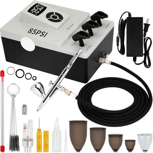 Ovaga Upgraded 85PSI Ultra-Silent Professional Airbrushing System Kit, Dual-Action Multi-Function Airbrush Set with Compressor for Painting Cake Decoration Makeup Art Craft Nail Design Model - color: 85psi airbrush kit