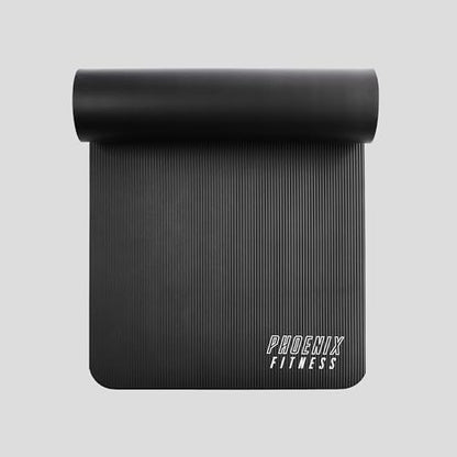 Phoenix Fitness NBR Yoga Mat - 15mm Extra Thick Exercise Mat with Carry Strap - Non Slip Yoga Mat for HIIT, Exercise & Pilates for Men and Women - Black or Pink - color: Black