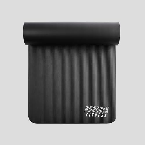 Phoenix Fitness NBR Yoga Mat - 15mm Extra Thick Exercise Mat with Carry Strap - Non Slip Yoga Mat for HIIT, Exercise & Pilates for Men and Women - Black or Pink - color: Black