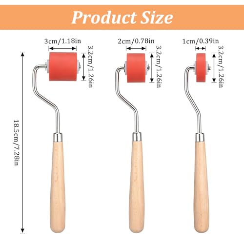 6 Pcs Rubber Brayer Rollers Set, Red Rubber Roller with Wood Handle & Iron Frame for Stamping, Printmaking, Block Printing, Crafting, and Ink Spreading