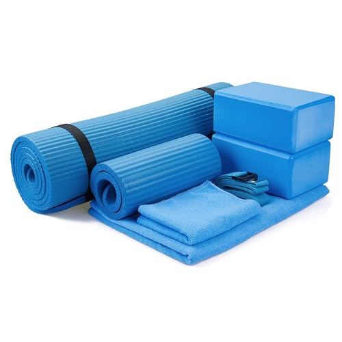 BalanceFrom 7-Piece Yoga Set with 71x24x0.5 Inches Extra Thick Mat and Carrying Sling – Includes 2 Blocks, Stretch Strap, 2 Towels, and Knee Pad for Home, Studio, and Gym Workouts - color: Blue