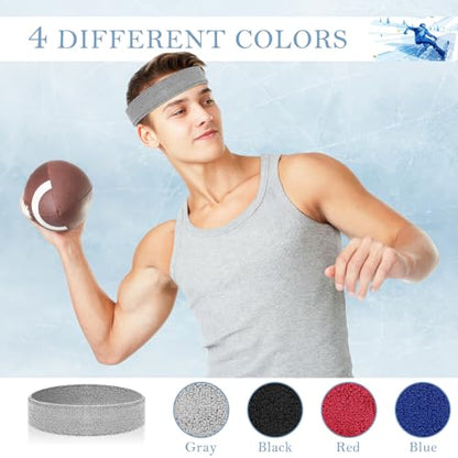 4 Pack Cotton Terry Sweat Headbands for Men Women Running Gym - color: Black/Gray/Blue/Red
