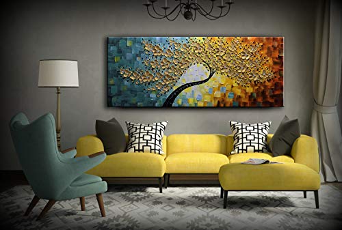 YaSheng Art -Large Wall Art ,100% Hand Painted Gold Flowers Contemporary Art Oil Painting,3D Wall Art Texture Floral Tree Paintings, Wall Art for living room Bedroom Office Wall Deco Home, Abstract Canvas Art Paintings Framed Wall Art Pictures 60 by24 inc