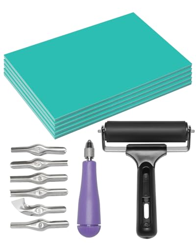 UCEC 1+7 Pack Brayer Roller for Printmaking 6 Inch & Linocut Block Printing Kit – Includes 5 Soft 4" x 6" Linoleum Blocks and Lino Cutting Tools with 6 Blades Universal Size, 4’’ Brayer Roller, Comple
