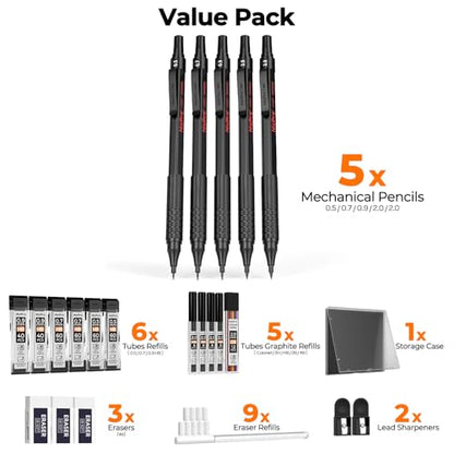 Nicpro 22PCS Art Mechanical Pencil Set， Metal Drawing Sketching With Eraser | Pencil Black Artist Drafting 0.5 & 0.7 & 0.9 mm & 2PCS 2mm Graphite Holder(4B 2B HB 2H) for Writing With Lead Refills Case - color: Black, style: 0.5 0.7 0.9 2.0