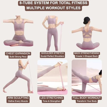 Resistance Bands with Handles for Women & Men | 8 Tube Adjustable Figure 8 Exercise Bands Set, Heavy Duty, Home Gym, Physical Therapy, Strength Training & Full Body Fitness - color: Purple