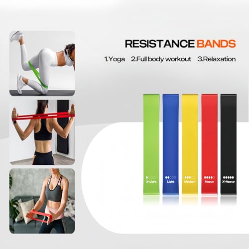 Resistance Bands Set of 5, 100% Natural Latex Skin-Friendly Exercise Loop Bands with 5 Resistance Levels for Legs, Glutes, Arms, Back - Includes Carry Bag for Home, Gym, Yoga, Pilates, Training