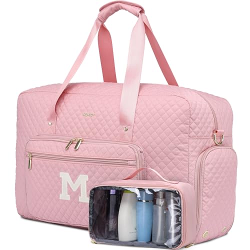 Initial Travel Duffle Bags for Women - Personalized Weekender Bag with Shoe Compartment Overnight Bags with Toiletry Bag Hospital Bag for Women Birthday Gifts for Mom Wife Friends Pink (Letter M) - color: Pink - Letter M, size: Large