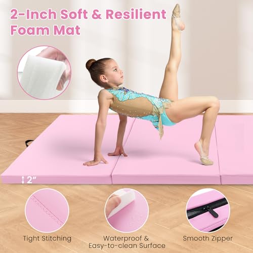 Giantex 4'x10'x 2" Gymnastics Mat, 4-Panel Folding Aerobics Exercise Mat w/Hook & Loop Fastener, Carrying Handle, Portable Tumbling Mat for Stretching Yoga Cheerleading Martial Arts - color: Pink