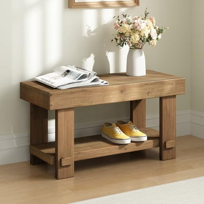 31.5" Solid Wood Bench, Small Farmhouse Narrow Storage Bench, Natural - size: 31.5"W