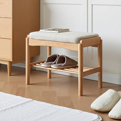 Solid Wood Shoe Bench, Small Entryway Bench with Light Gray Cushion - color: Natural + Light Gray Cushion, size: 17.71"