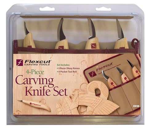 FLEXCUT Wood Carving Tools Set 4 Piece Carving Knife Set KN100, Whittling Knives Include Solid Ash Handle