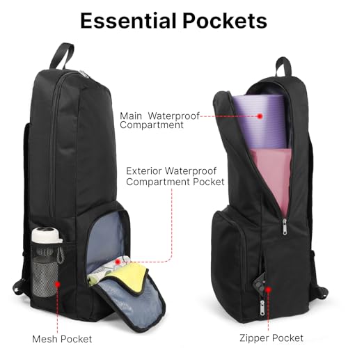 Yoga Mat Bag Carrier Backpack with Multi Pockets | Yoga Mat Holder Waterproof & Zipper Closure, Water Bottle Pocket, Large Capacity, Multipurpose Use - color: Black