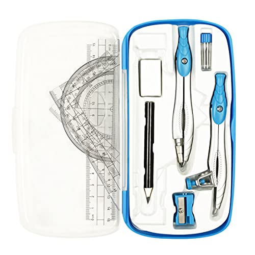 Geometry Set,10 Pcs Protractor and Compass Set, Math and Ruler Set for Students, Class Supplies, and School - Essential Compass Geometry Tools for Precision and Quality (Blue)