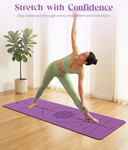 ROMIX Pro Yoga Mat With Alignment Lines, 6Mm Thick Non-Slip Exercise Mat - color: Purple
