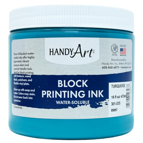 Handy Art Block Printing Ink, Turquoise, 16 oz Jar, Water-Soluble | Highly Pigmented Vibrant Opaque Color with Superior Transfer Tack, Water Soluble, Certified Safe & AP Non-Toxic, Made in USA - color: Turquoise, size: 16 Fl Oz