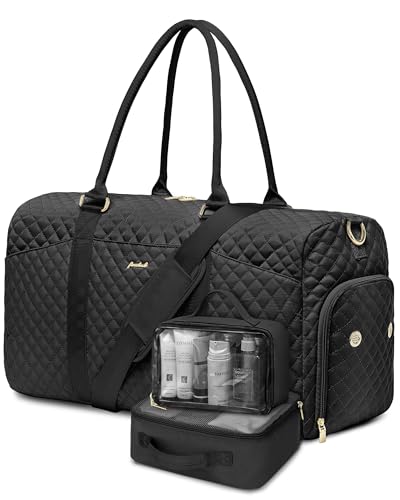 Women Weekender Travel Duffle Bag: Travel Duffel Overnight Bags with Shoe Compartment Large Carry on Tote with 2 Toiletry Bags Weekend Traveling Yoga Gym Hospital Bag for Womens with Wet Pocket Black - color: 19-Black - 3 PCS, size: Large