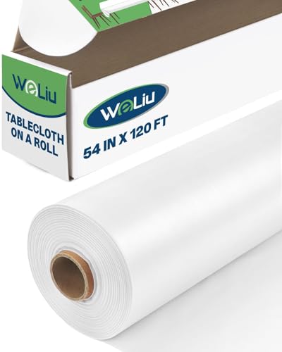 Plastic Table Cover Roll 54 Inch x 120 Feet Disposable Tablecloth, White Table Cloth Roll with Cutter Box for Weddings, Christmas, Thanksgiving, Banquets, Parties