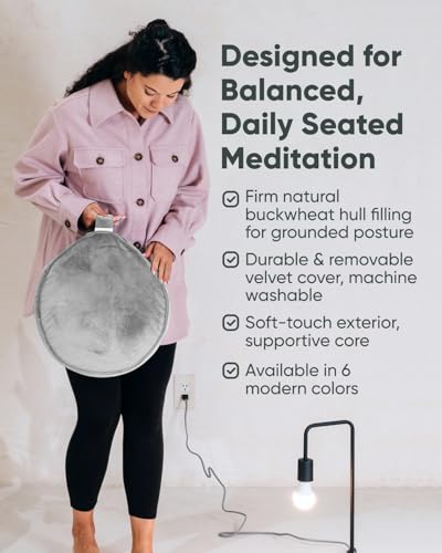 Mindful Modern Velvet Meditation Cushion | Luxe Zafu Yoga Floor Pillow Seat | Posture Support | Buckwheat Hull Filled | Large Round Cushion with Removable Washable Cover + Carry Handle - color: Graphite Grey