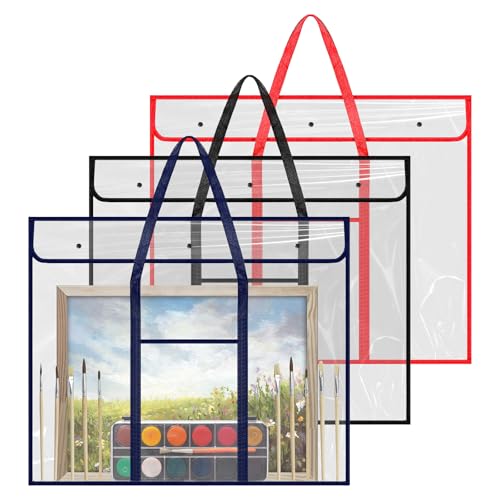 3 Pcs Large PVC Poster Storage Bag, Bulletin Board Holder, Art Portfolio Case with Pockets, Transparent Organizer for Teacher Classroom Organization, 3 Color (25" X 31")