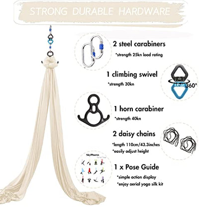 Aerial Silks Yoga Swing Set, Fitness Aerial Yoga Kit | Anti-Gravity Flight Aerial Yoga Hammock Kit; Low/Non Stretch Nylon Tricot Fabric; For Fitness & Dance; Hardware Included - color: Champagne